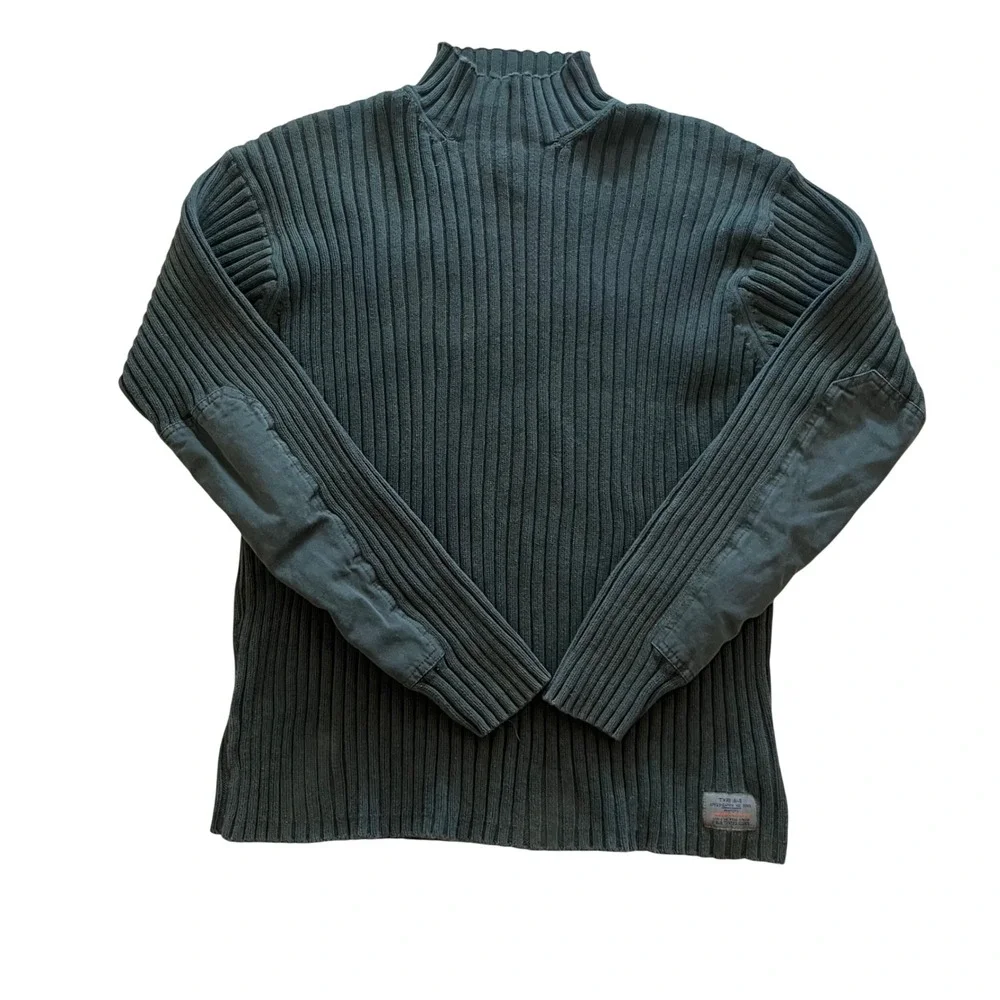 VTG American Eagle Men XL Green Ribbed Mock Neck Sweater Cotton Elbow Patch 3249